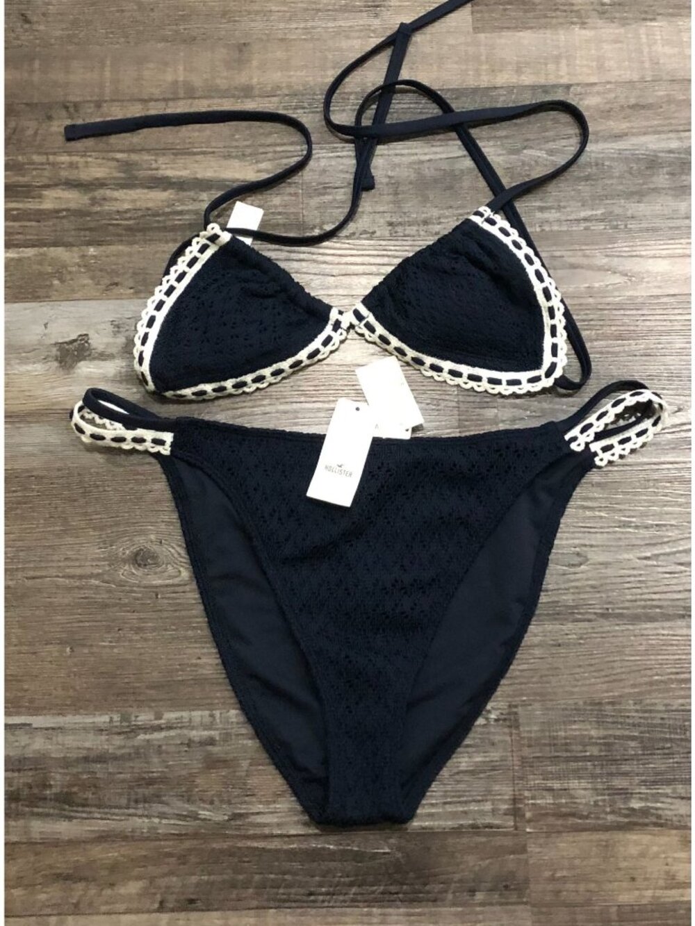Hollister Crochet Style XL Mixed Triangle Bikini Swimsuit Set Navy Blue New Tags